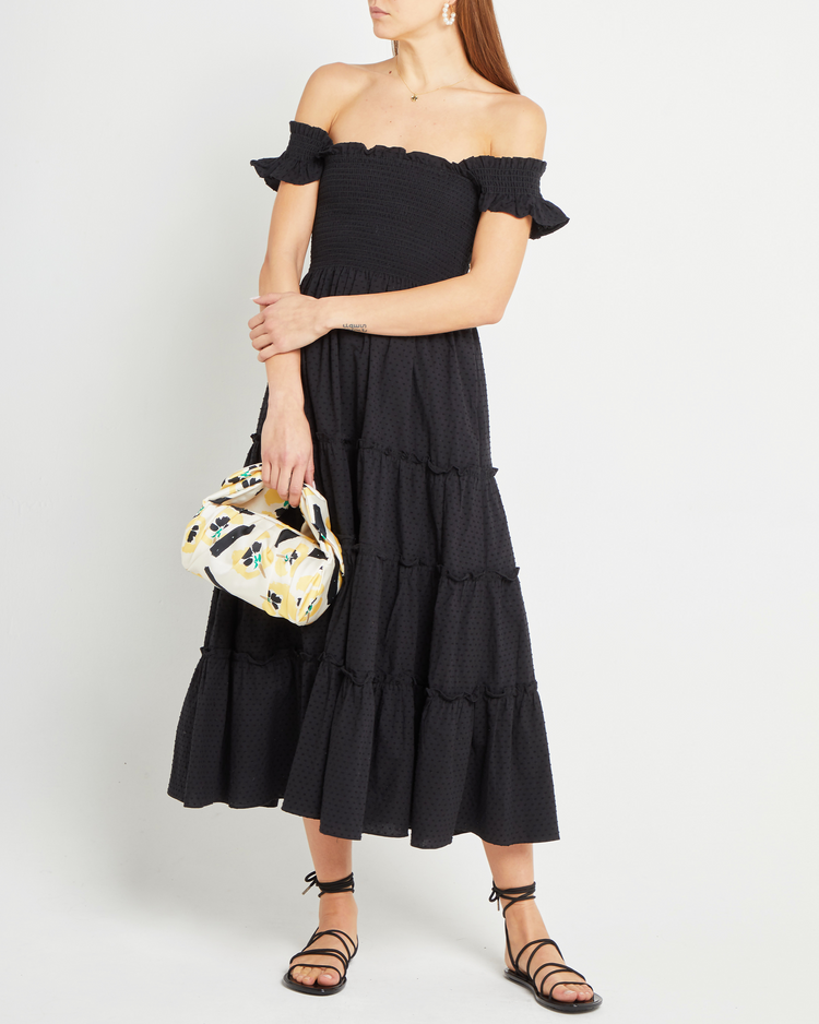 Fourth image of Calypso Maxi Dress, a black maxi dress, swiss dot material, smocked bodice, ruffles cap sleeves