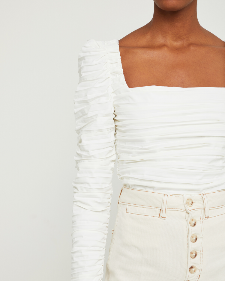 Sixth image of Anastasia Top, a white long sleeve top, ruched, square neckline, smocked
