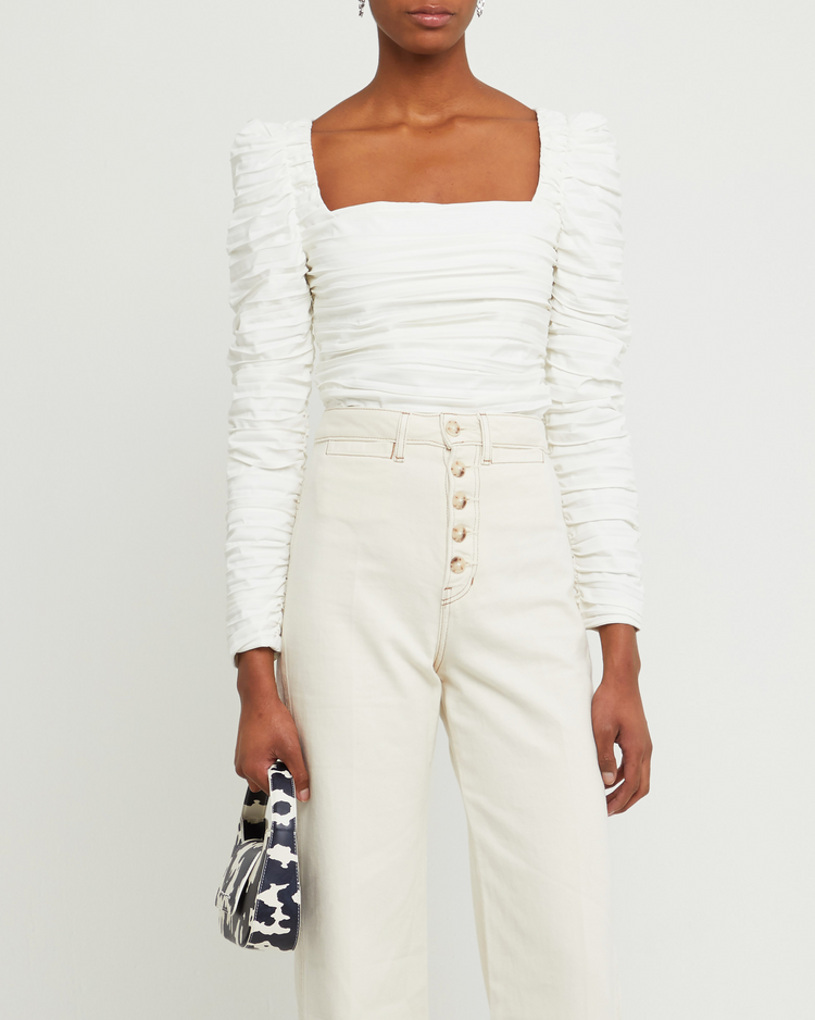First image of Anastasia Top, a white long sleeve top, ruched, square neckline, smocked