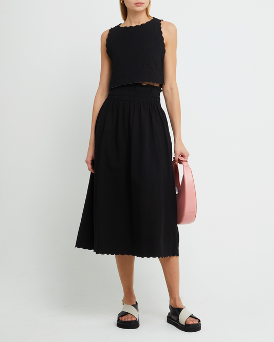 First image of Chelsea Set, a black top and midi skirt, linen, elastic, scalloped hem, high neck