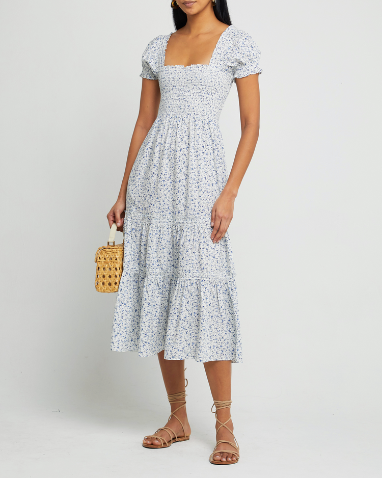 Fourth image of Square Neck Smocked Maxi Dress, a blue maxi dress, smocked, puff sleeves, short sleeves, floral
