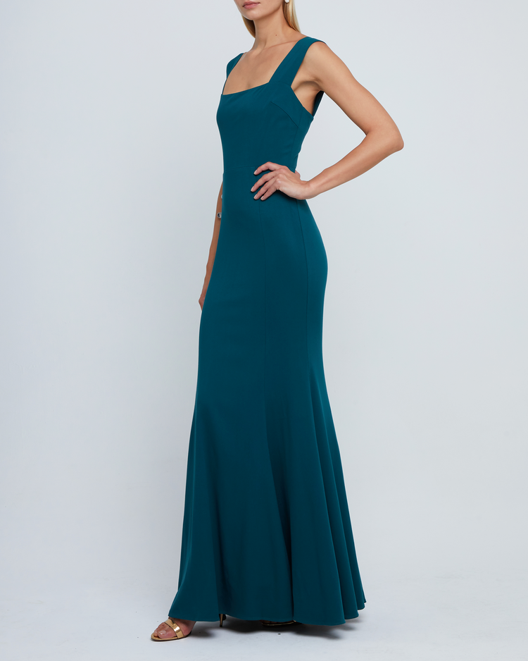 Third image of Rya Dress, a green long maxi-length bridesmaid dress with square neckline, back smocked detail, back zipper, thick straps, and lining