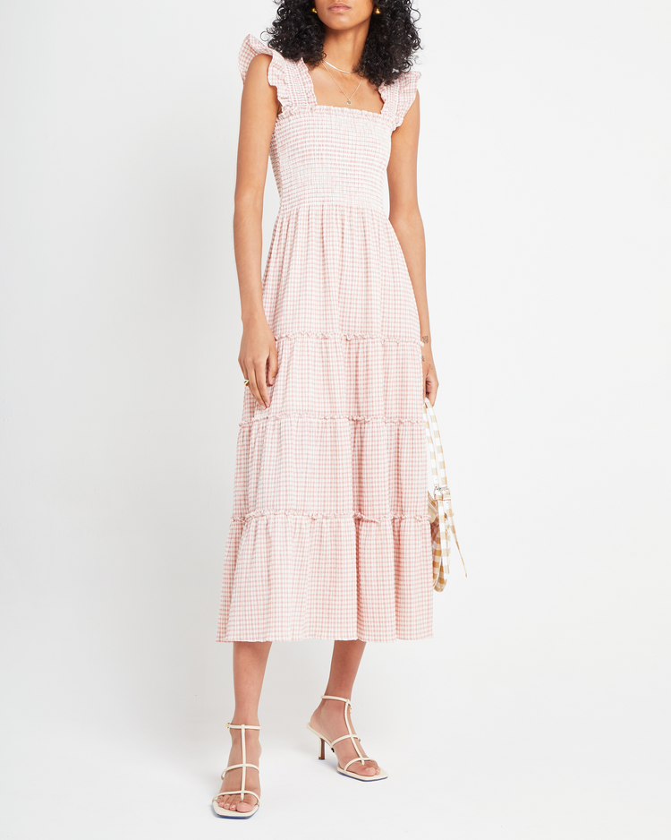 Fourth image of Calypso Maxi Dress, a pink maxi dress, ruffle cap sleeves, smocked bodice