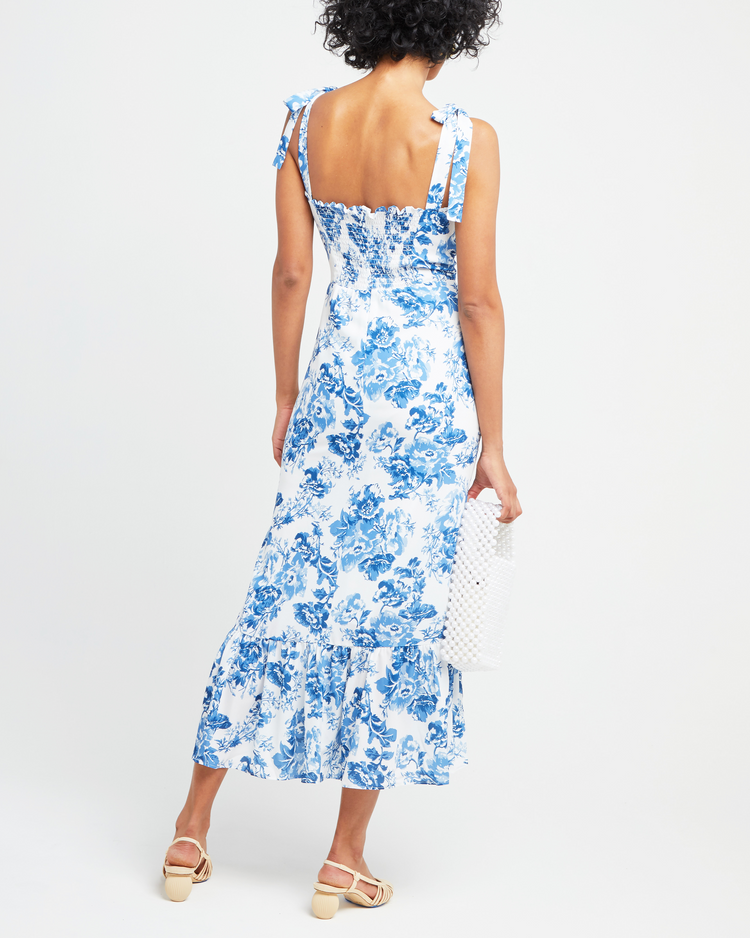 Fifth image of Toile de Jouy Dress, a blue midi dress, tie straps, ruffle details, toile, bows