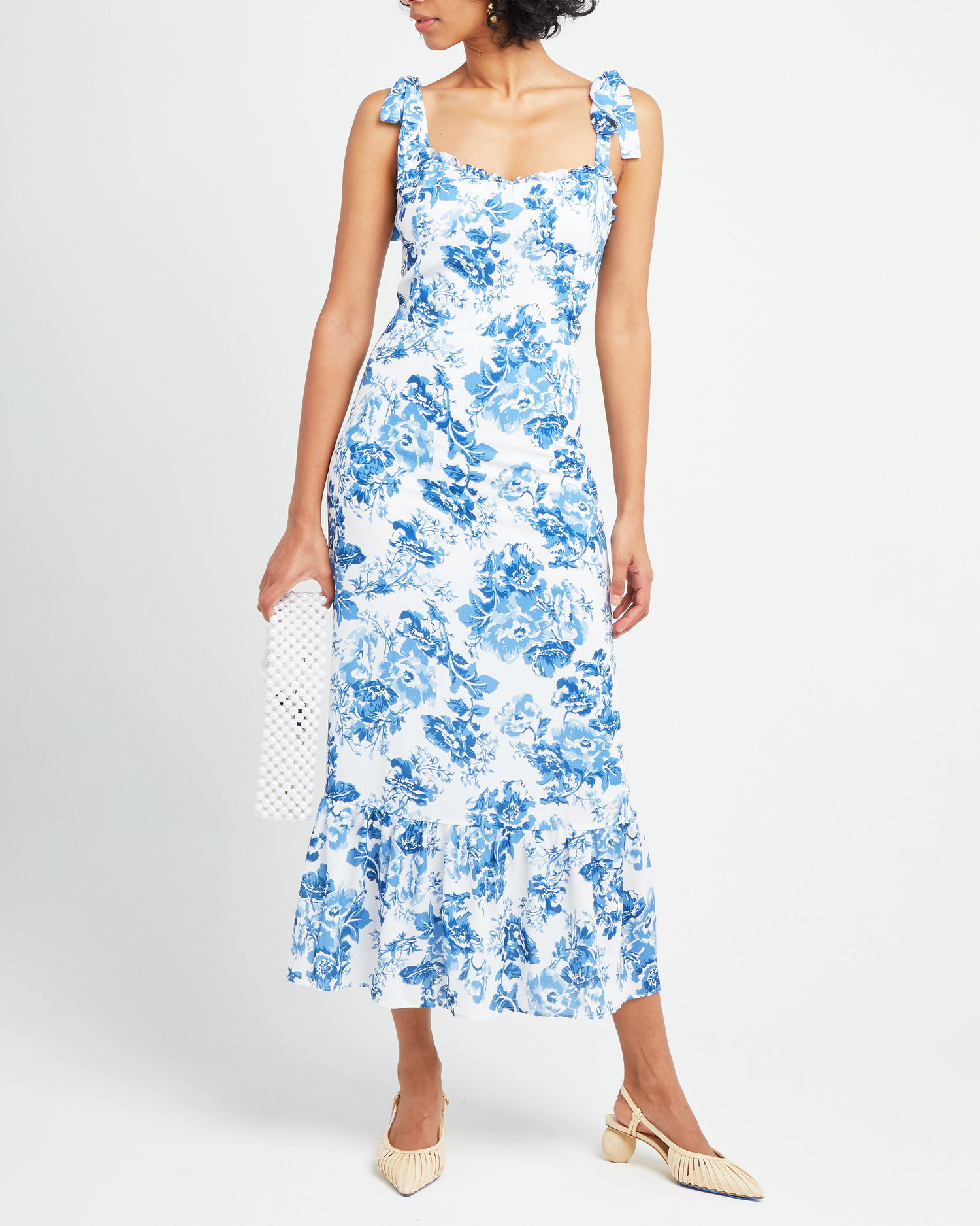 Sixth image of Toile de Jouy Dress, a blue midi dress, tie straps, ruffle details, toile, bows