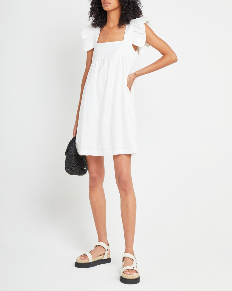Sixth image of Aria Dress, a white mini dress, ruffle sleeves, retro, babydoll, loose, relaxed, square neckline
