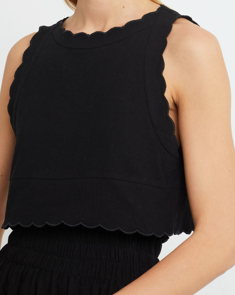 Sixth image of Chelsea Set, a black top and midi skirt, linen, elastic, scalloped hem, high neck