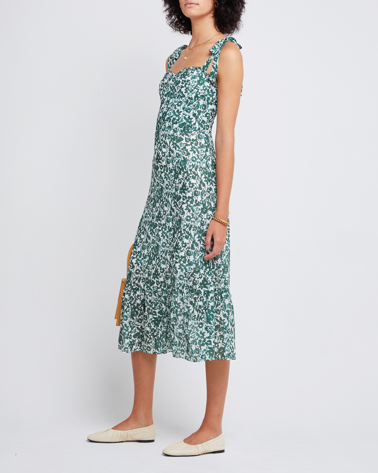 Third image of Toile de Jouy Dress, a green midi dress, ribbon strap, tie, bow, chiffon, floral