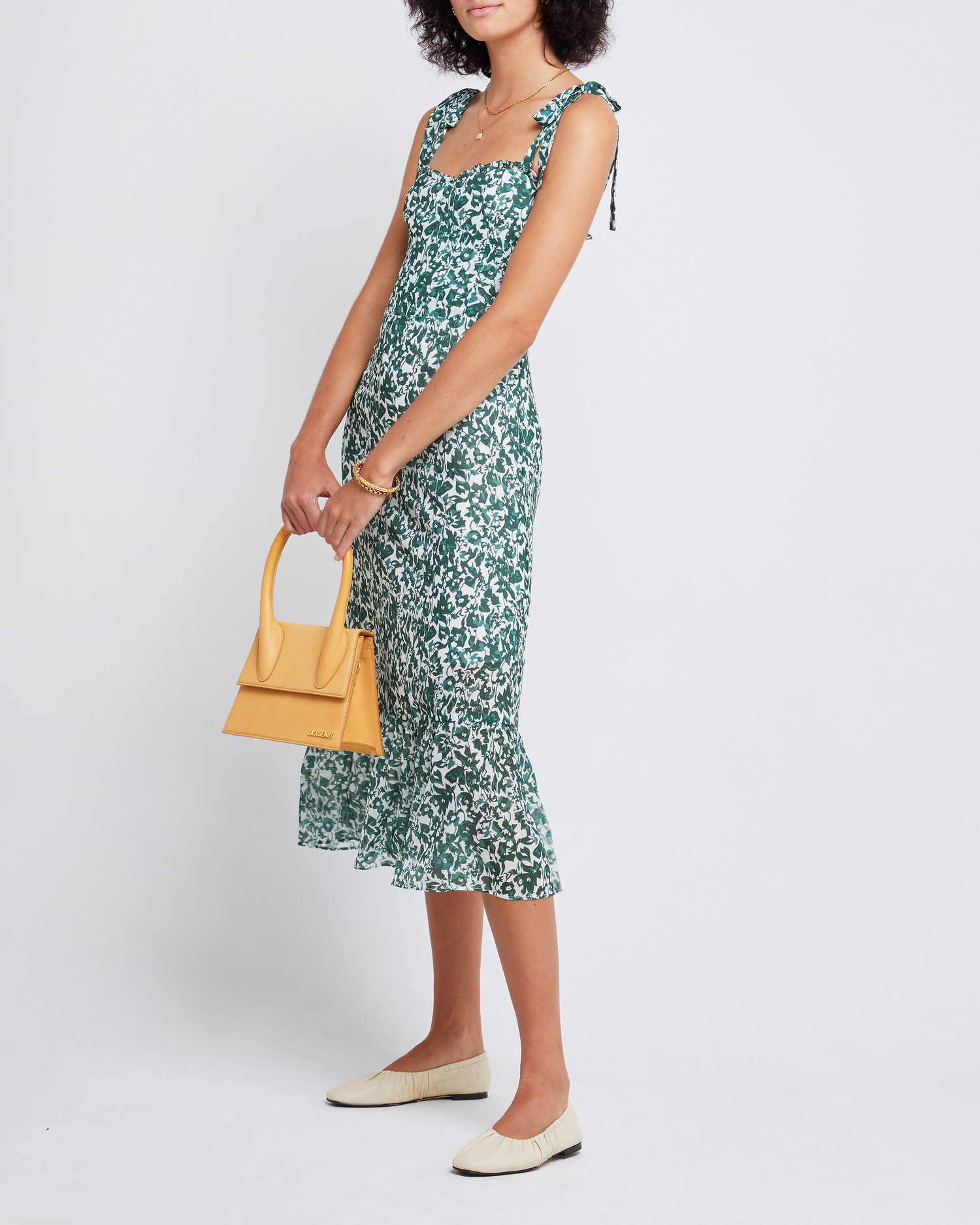 Fifth image of Toile de Jouy Dress, a green midi dress, ribbon strap, tie, bow, chiffon, floral