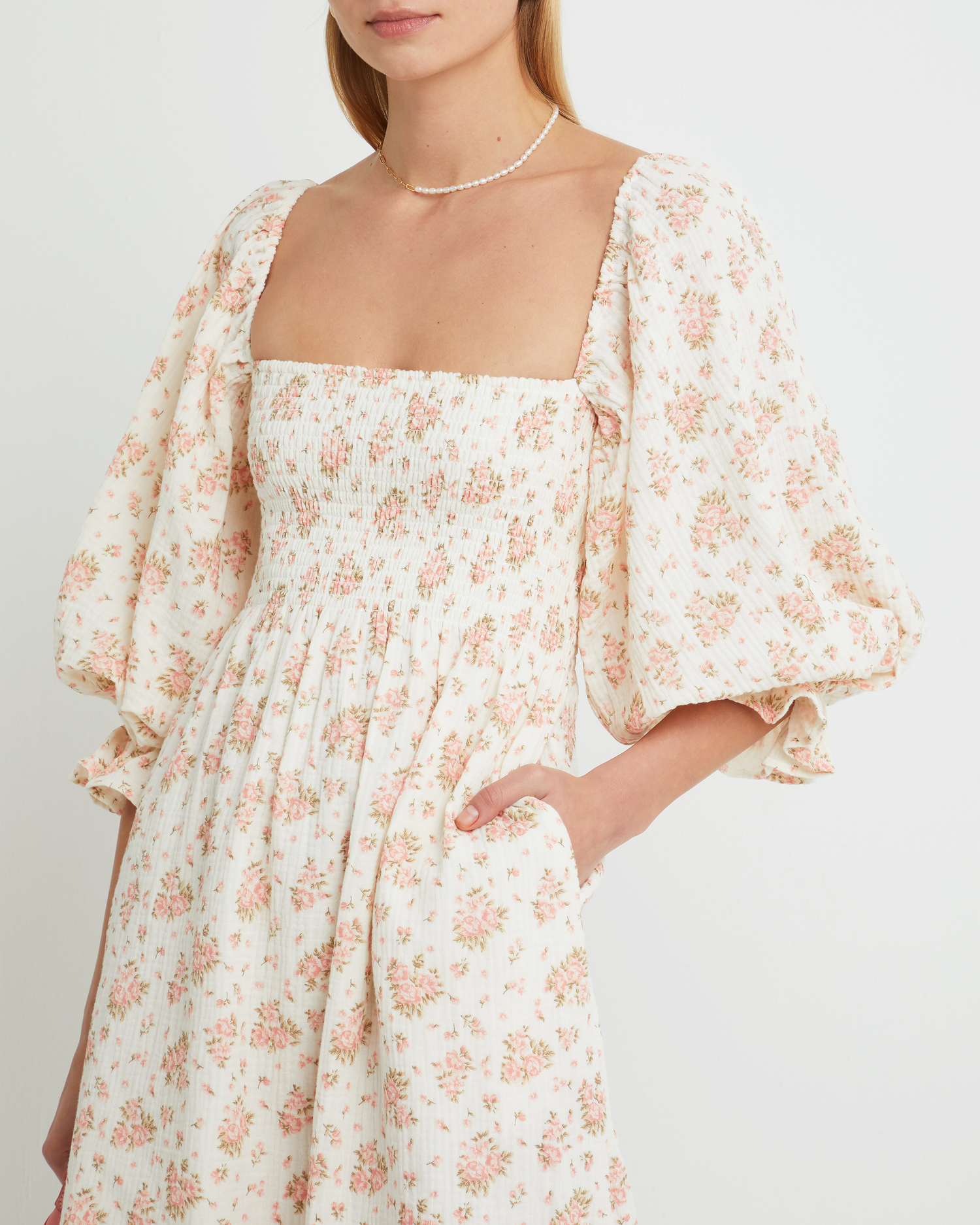 Sixth image of Athena Dress, a pink midi dress, off shoulder, long sleeve, puff sleeves, smocked