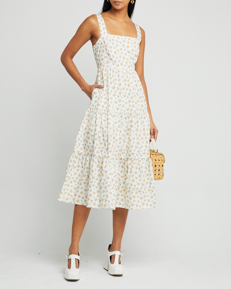 Fifth image of Billie Dress, a  midi dress, pockets, tiered skirt, square neckline, tank