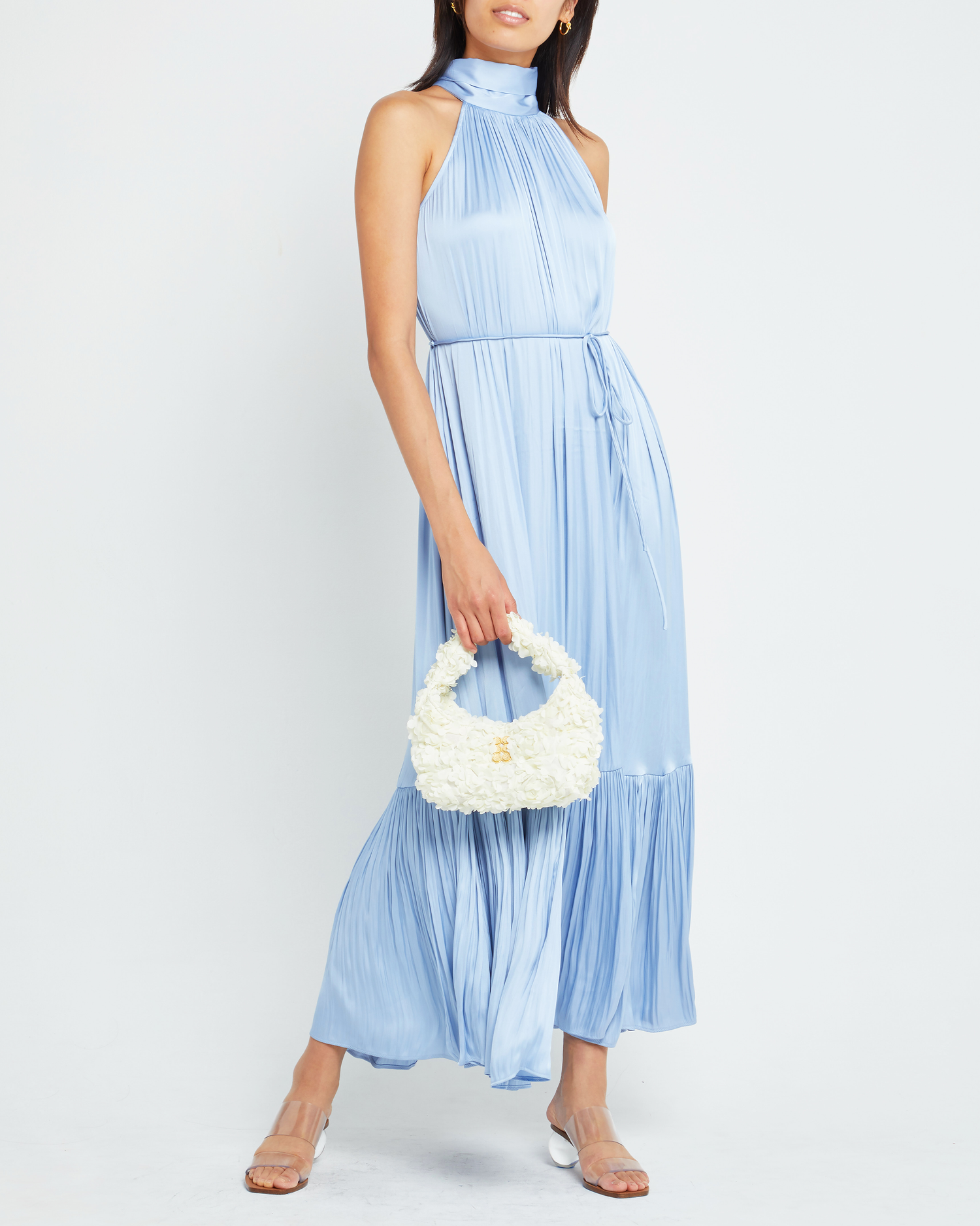 Fifth image of Anika Dress, a blue maxi dress, tie, high neck, silk, satin, waist tie, pleats