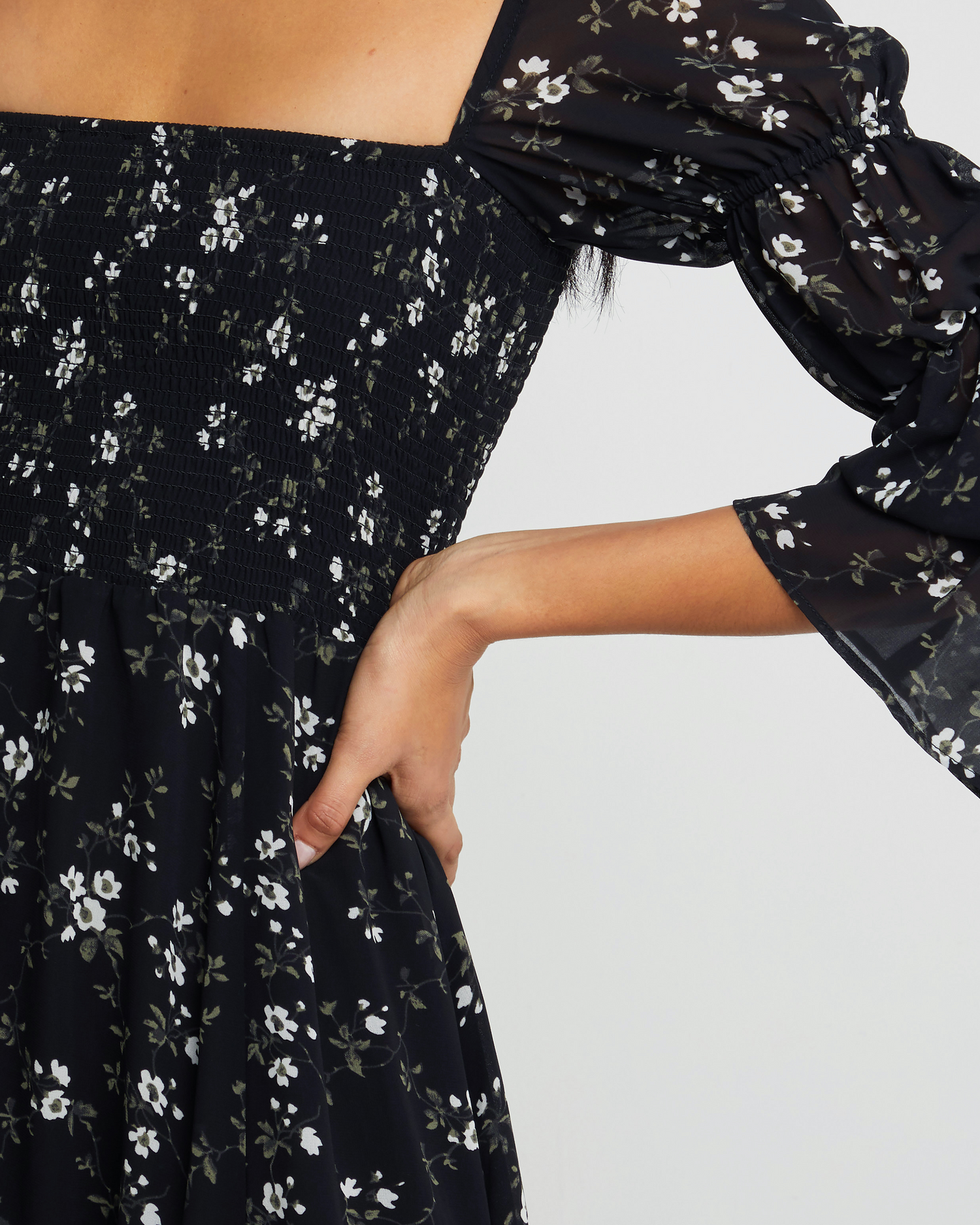 Sixth image of Doris Dress, a black midi dress, puff sleeve, 3/4 sleeve, side slit, square neckline