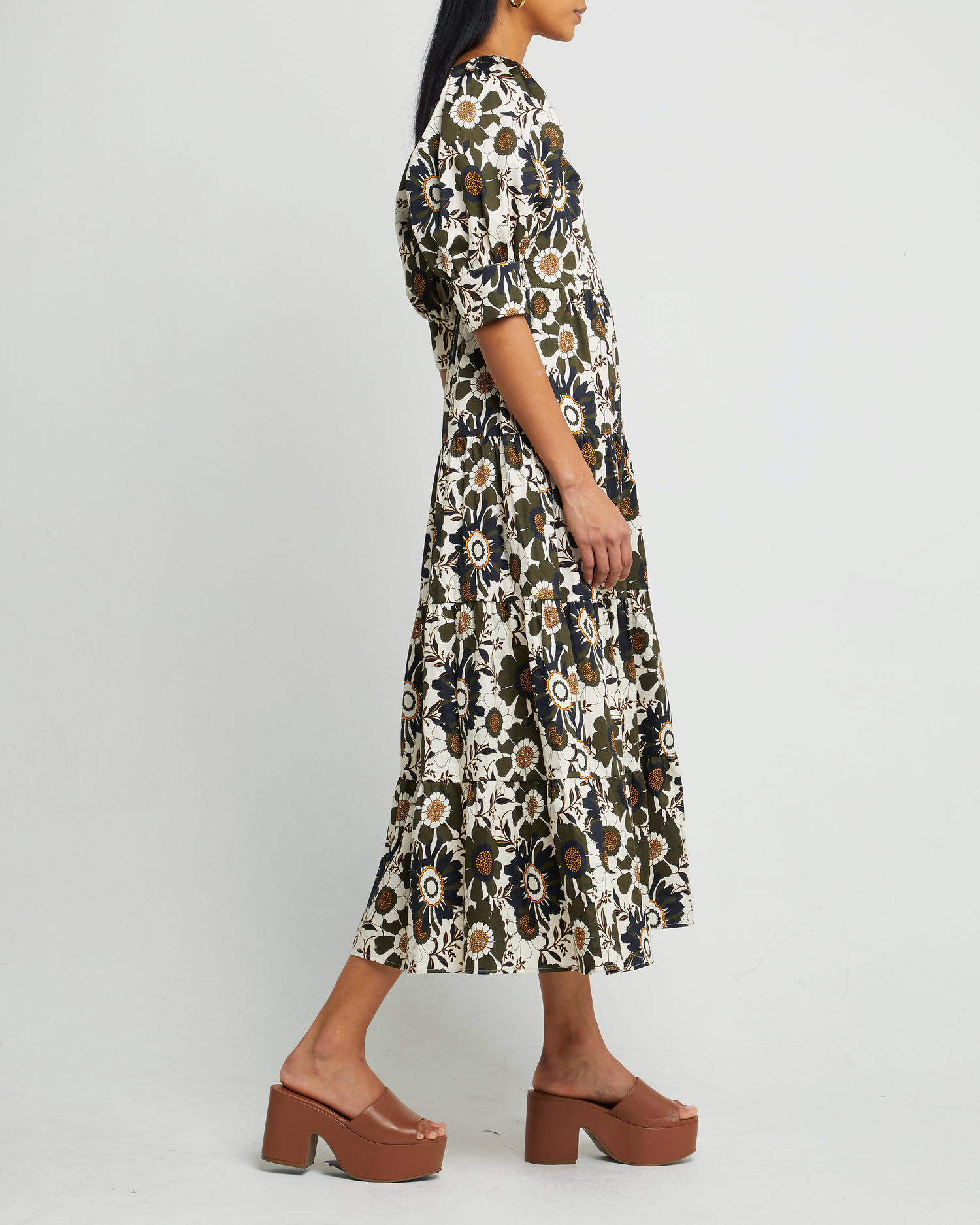 Third image of Sophia Dress, a floral midi dress, bold print, puff sleeves