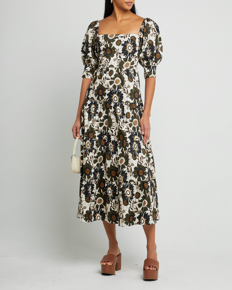 Fourth image of Sophia Dress, a floral midi dress, bold print, puff sleeves