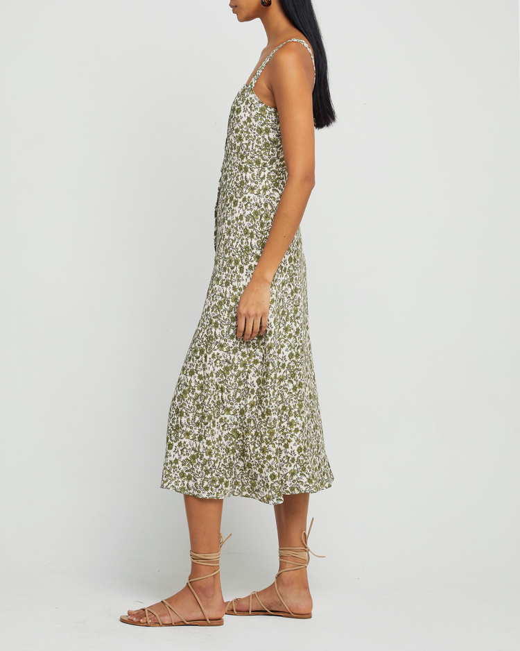 Third image of Juliette Dress, a green midi dress, floral, tank, slip, spaghetti strap