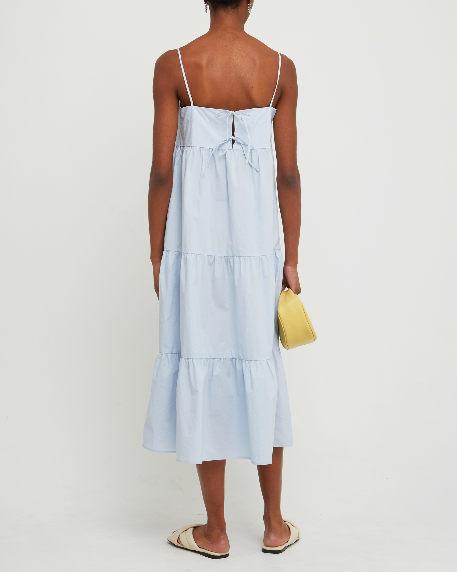 Second image of Juniper Cotton Dress, a blue midi dress, spaghetti strap, tank, cami, tiered, babydoll maxi