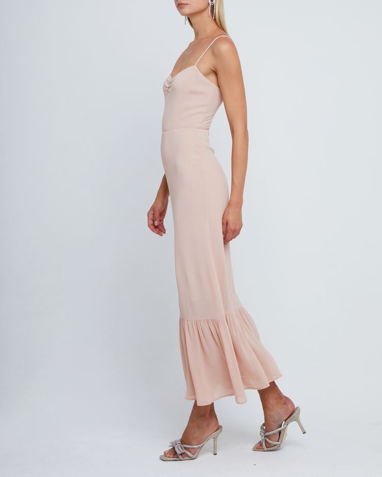 Third image of Evelyn Dress, a pink bridesmaid maxi-length dress with ruched bust detail, sweetheart neckline, tiered skirt, back smocking, adjustable straps, back zipper, and lining
